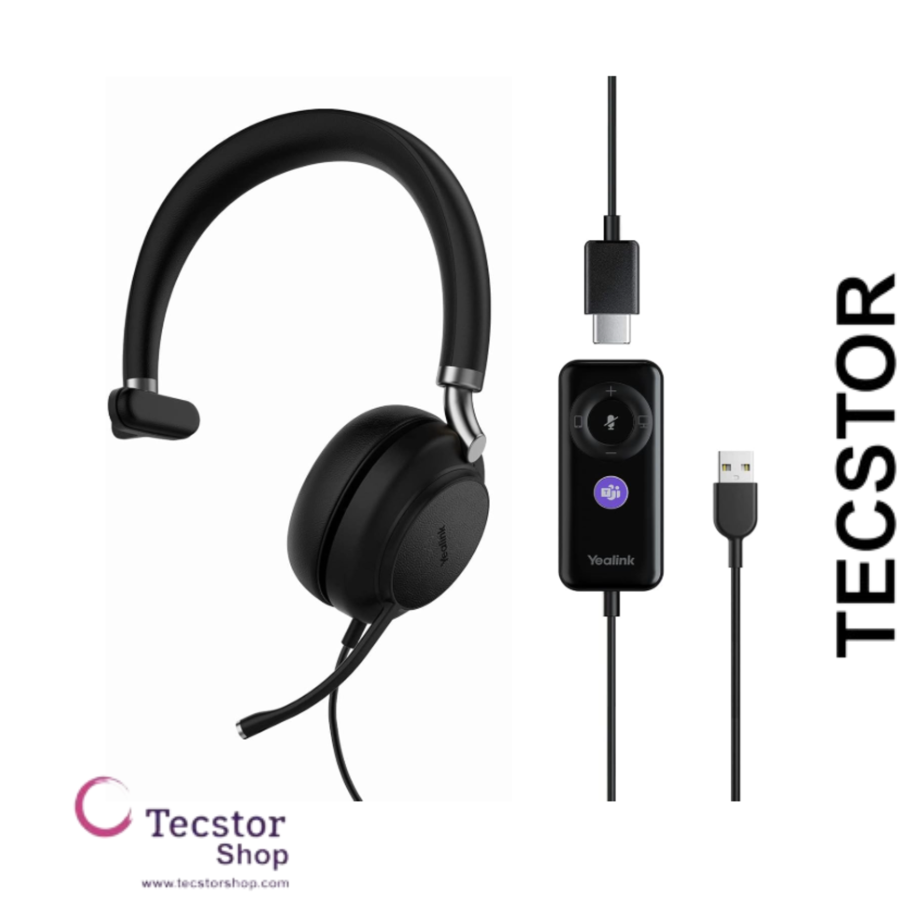 YEALINK - UH38 Mono Teams USB-A, Corded USB or Bluetooth headset/Excluding Battery, On the ear wearing style, Leather ear cushions-Teams