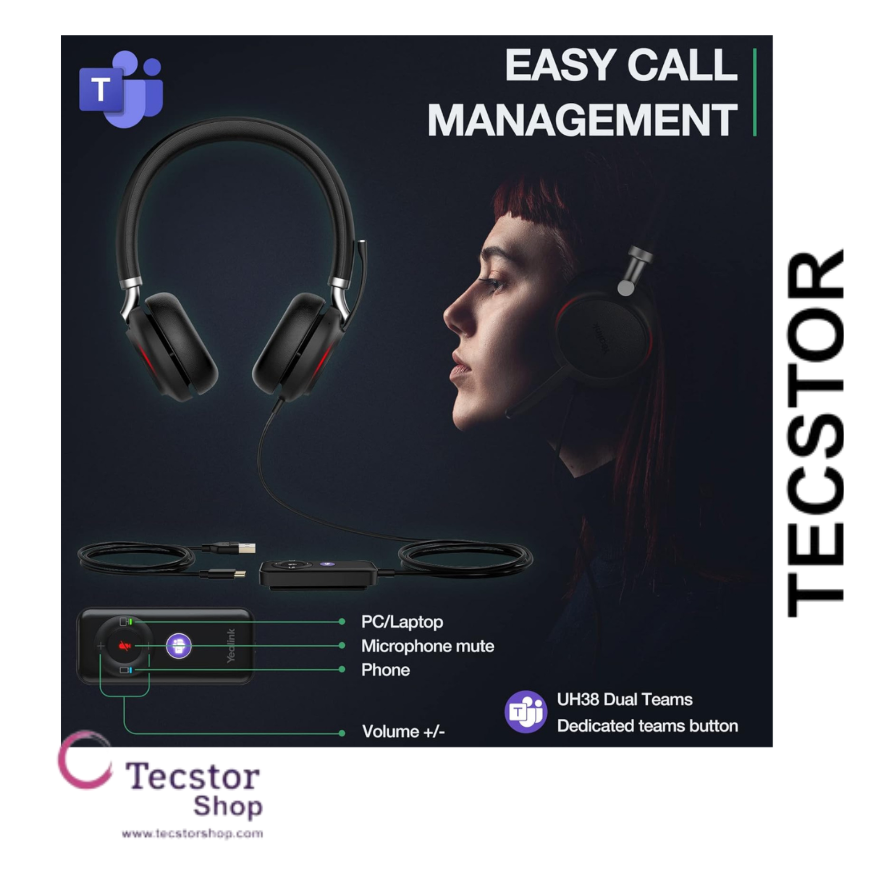 YEALINK - UH38 Dual Teams USB-C, Corded USB or Bluetooth headset/including Battery, On the ear wearing style, Leather ear cushions-UC