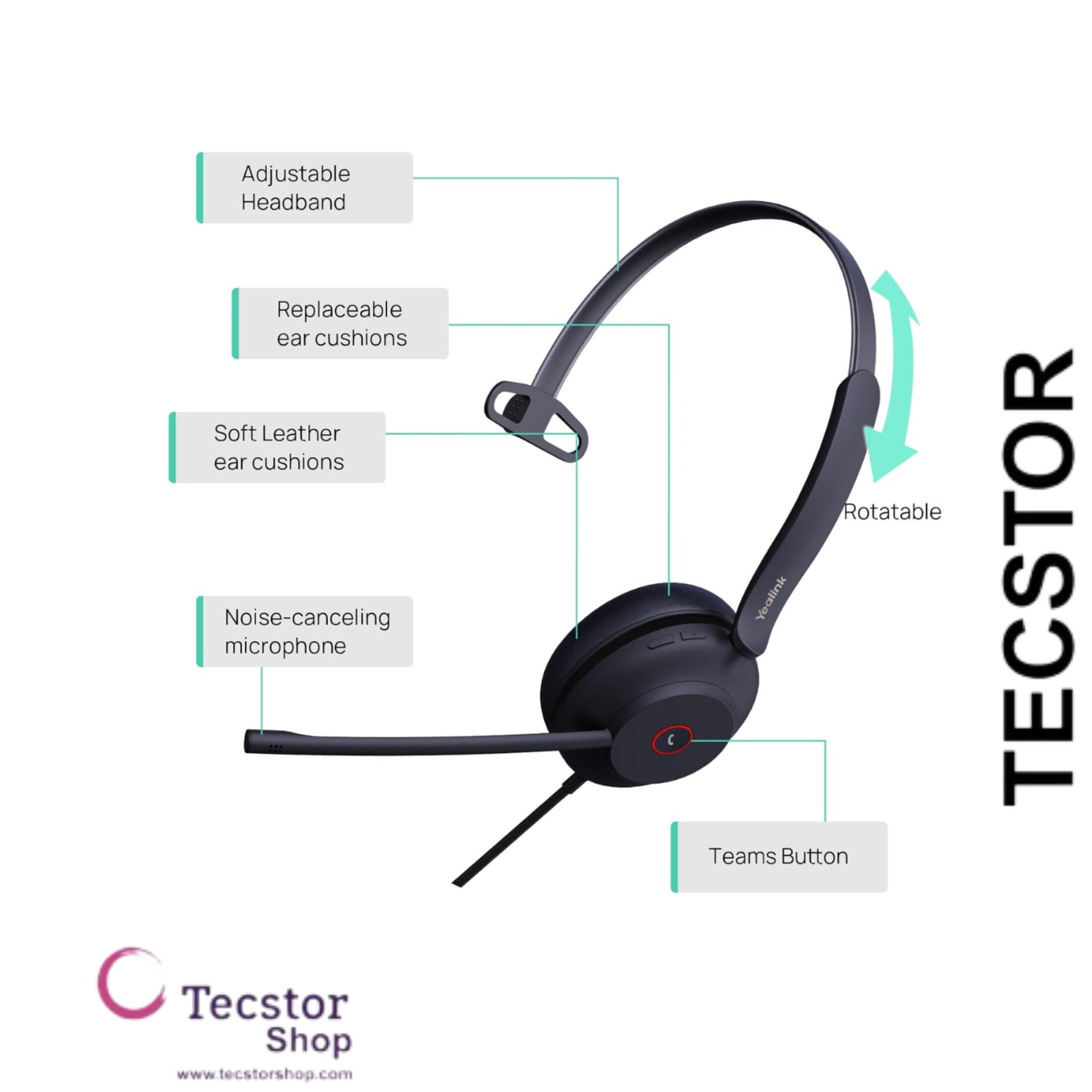 YEALINK - UH34 SE Mono Teams USB-C, Corded USB with mute, call and volume control on the cord, On the ear wearing style, Including 3.5mm-USB, Leather ear cushions-Teams