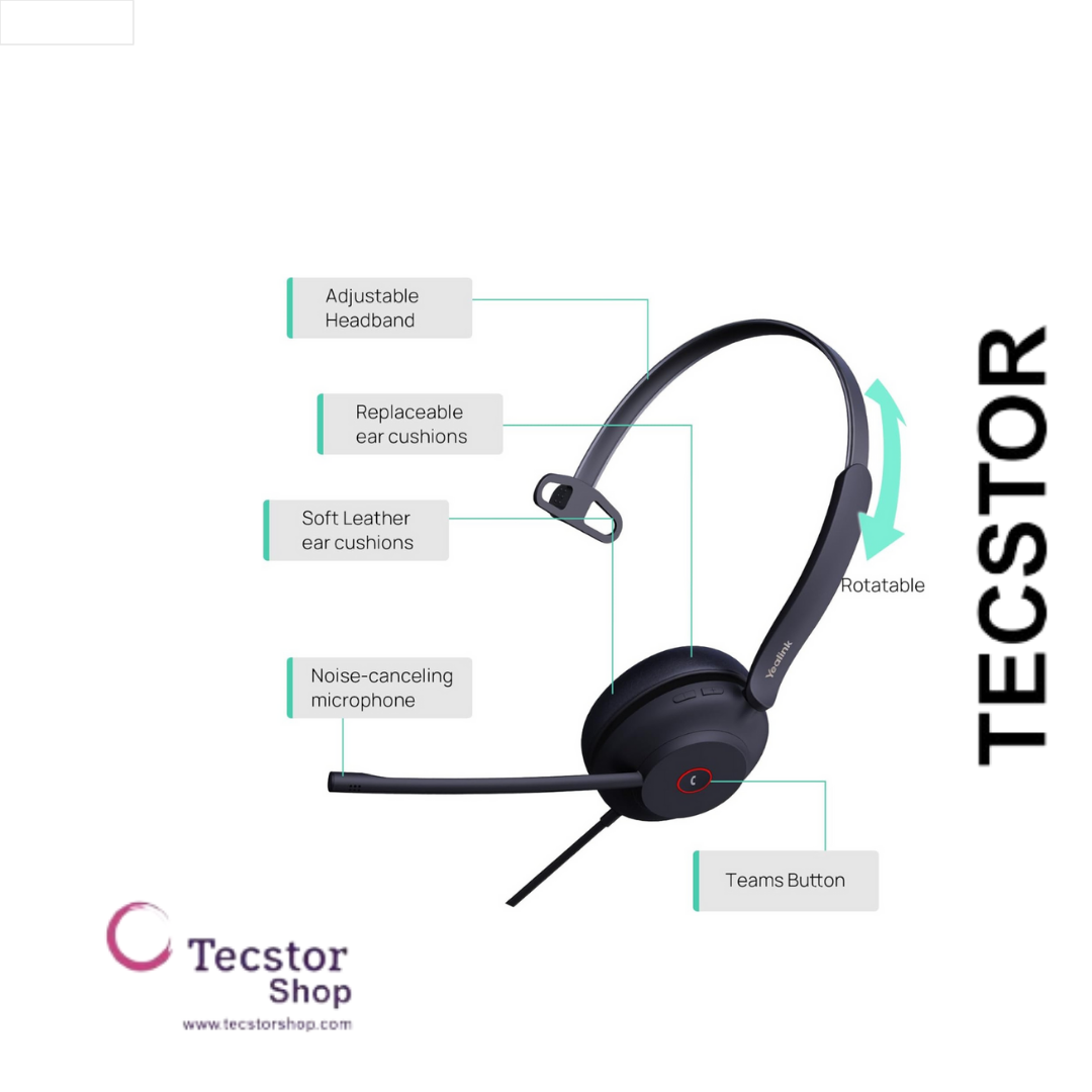 YEALINK - UH34 SE Mono Teams USB-A, Corded USB with mute, call and volume control on the cord, On the ear wearing style, Including 3.5mm-USB, Leather ear cushions-Teams