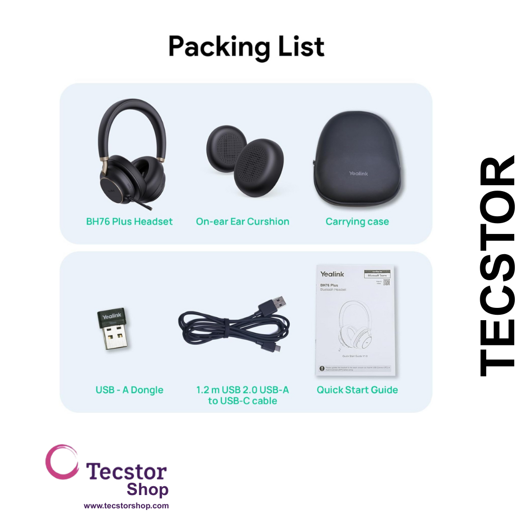 YEALINK - BH76 Plus Teams Black USB-C/A, Wireless Bluetooth, Dual, On/Over the ear wearing style optional , ANC, USB C to A Dongle Included-Teams
