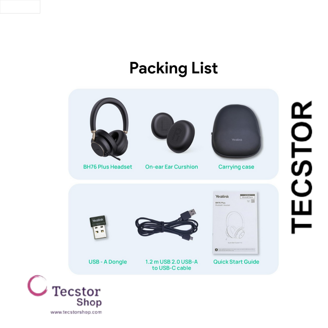 YEALINK - BH72 Lite Teams Black USB-C, Wireless Bluetooth, Dual, On the ear wearing style, USB-C Dongle Included-Teams